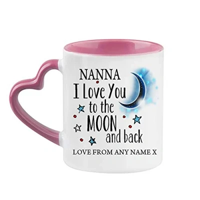 Image of Personalised Nanna I Love You to The Moon &amp; Back Coffee Tea Cocoa Soup Daily use Mug Valentine&#039;s Day Birthday Party gage Keepsake Unique Ceramic Cup Mug. (Pink Heart Handle)