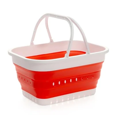 Image of SAMMART 19L Collapsible Tub with Handle Portable Outdoor Picnic Basket/Crater Foldable Shopping Bag Space Saving Storage Container (White/Coral Pink, 1)