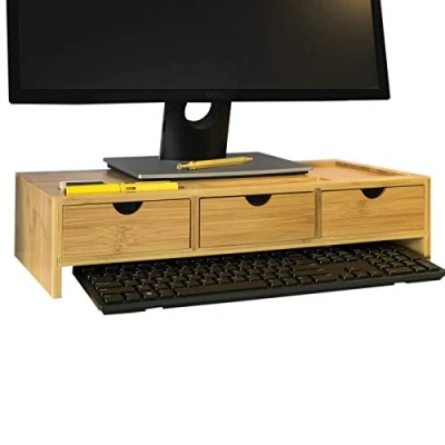 Image of SoBuy BBF03 N, Bamboo Monitor Stand Computer Screen Riser Desk Organizer with 3 Drawers