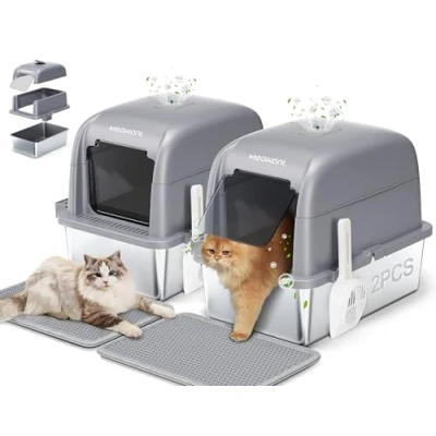 Image of MeoWant 2 Pack Cat Litter Box with High Sided Stainless Steel Lid, Enclosed Metal Pan for Big Cat, Never Absorbs Odor, Non Stick Surface, XXL Extra Large Tray, Detachable, Grey