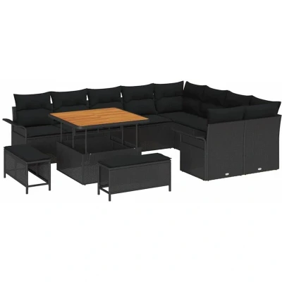 Image of vidaXL 12 Piece Garden Sofa Set with Cushions Black Poly Rattan Acacia