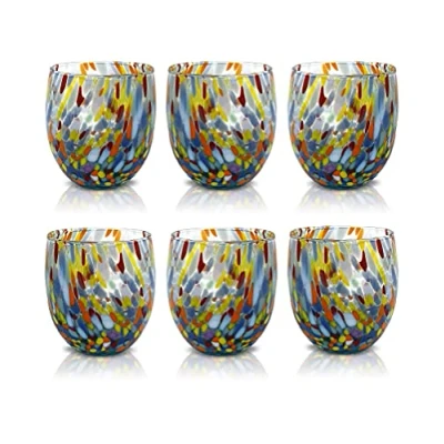 Image of MAZZEGA ART &amp; DESIGN 6 Handblown and Handcrafted Murano Murrine Glass Water Glasses The Colors of Classic 290 ml Model. (6 Mixed Gift Set, 6)