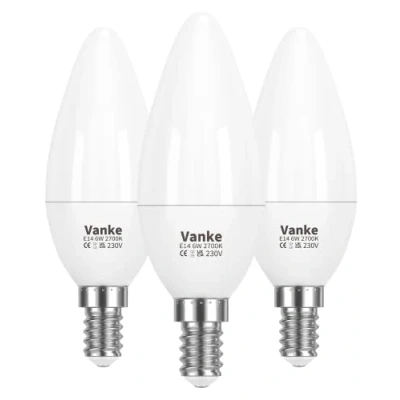 Image of Vanke E14 LED Light Bulb, Warm White 2700K, 6W (40 Watts Equivalent), 470 Lumen Candle SES Small Edison Screw Bulbs, Non Dimmable, Pack of 3