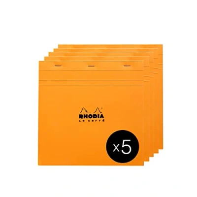 Image of RHODIA 210200C Stapled Notepad N210 Orange 21x21 cm Small Squares 80 Detachable Sheets White Clairefontaine Paper g/m² Coated Card Cover Pack of 5 pads