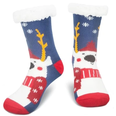 Image of Tolumo Slipper Socks for Women Men Heat Holding Fluffy Sock Knitted Fuzzy Bed Slippers One Size Non Slip B217 Blue Bear