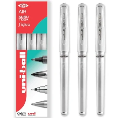 Image of uni ball Signo Pen UM 153 Broad Metallic Gel Ink Rollerball Metal 1.0mm Tip Nib Rubber Grip In Gift Box (Pack of 3, White)