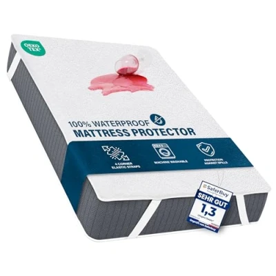 Image of Utopia Bedding Waterproof Strap Mattress Protector Double Bed 135 x 190 cm White, Fits Up to 30cm Deep Mattresses, Premium Terry Protector, 4 Side Elastic Cover