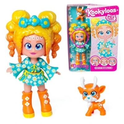 Image of KOOKYLOOS Pet Party Daisy doll with deer pet. Includes doll, 1 pet, fashionable outfit and shoes accessory.1 3 different faces!