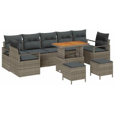 Image of vidaXL 10 Piece Garden Sofa Set with Cushions Grey Poly Rattan Acacia