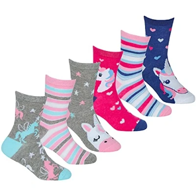 Image of Metzuyan 6 Pairs Kids Girls Cotton Rich Novelty Socks Unicorn Designed Grey Size 12.5 3.5