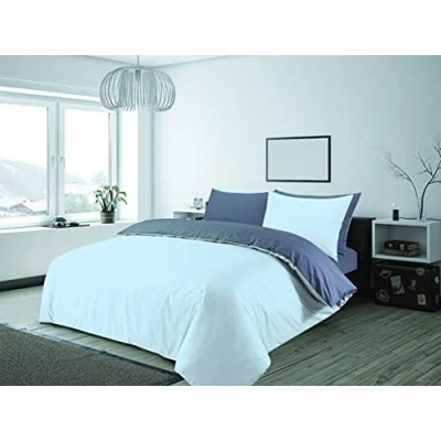 Image of Charlotte Andersen Sky Blue &amp; Grey Double Duvet Cover Plain Reversible Cotton Blended Bedding Set with Pillowcases