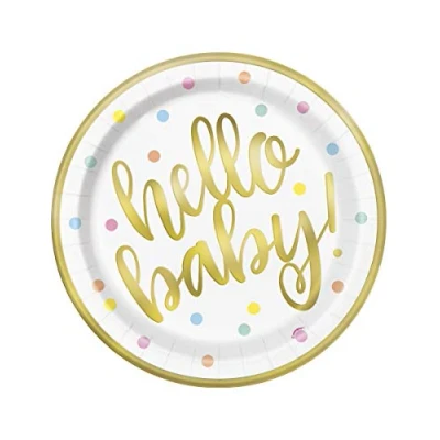 Image of Unique Party 73525 Foil &quot;Hello Baby&quot; Gold Baby Shower Paper Plates, Pack of 8