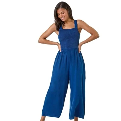 Image of Roman Shirred Stretch Jumpsuit for Women UK Ladies Everyday Holiday Spring Summer Square Neckline Comfy Soft Evening Vacation Work Party Denim Blue Size 20