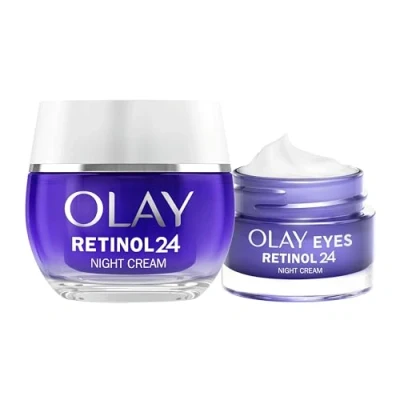 Image of Olay Retinol 24 Night Cream Face Moisturiser 50ml + Eye for Dark Circles 15ml. Skin Care with Antioxidant Vitamin E Overnight Anti Ageing
