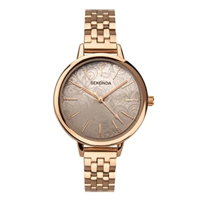 Image of SEKONDA Fashion Watch Grey Sunray Dial Floral Lace Pattern Bracelet Style Rose Gold Bracelet, Gold,