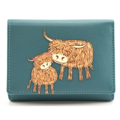 Image of Soft Leather Highland Cow Mother &amp; Daughter Ladies Small Trifold RFID Purse by Mala (Teal)