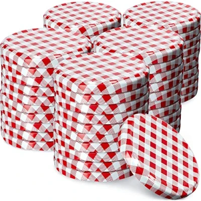 Image of KADAX Jar Lids Ø 82 mm, Secure Metal with Six Threads, Seals Replacement, Twist Off Closure for Pickling and Preserving (Red Grid, Set of 50)