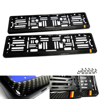 Image of RZG 2x Black Genuine Carbon Fibre Fiber Euro UK Car Licence Registration Number Plate Holder Surround Frame German Deutschland