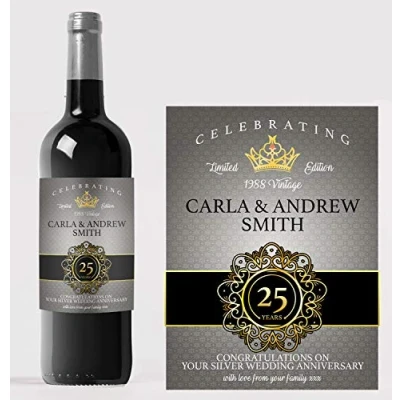 Image of Personalised Silver 25th Wedding Anniversary Red Wine Bottle Label Any Wording