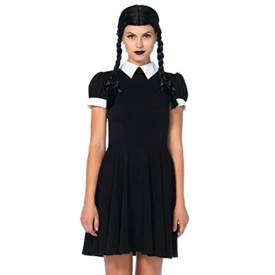 Image of Leg Avenue 85562 Black/White Gothic Wednesday Darling Fancy Dress Costume Set (Medium/Large, 2 Piece) Addams Family, Solid, Size: M/L (UK 12 14)