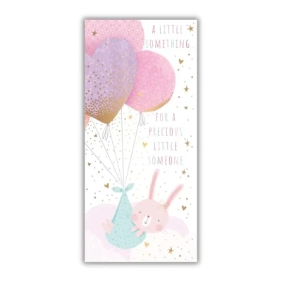 Image of New Baby Girl Money Wallet Card Precious Little Someone Bunny and Balloons Design Special Finish Made in the UK Eco Friendly