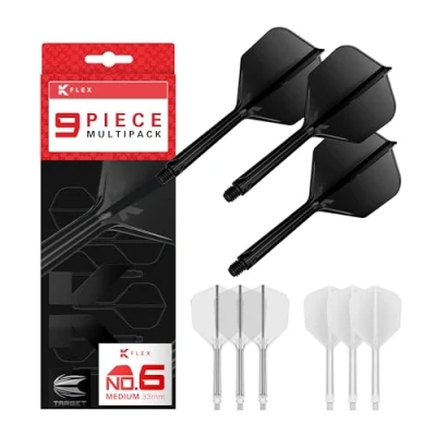 Image of TARGET Darts K Flex Integrated Dart Flights and Shafts, Medium Stem (33mm), No.6 Flight, 9 pack Bundle, Black, White &amp; Clear