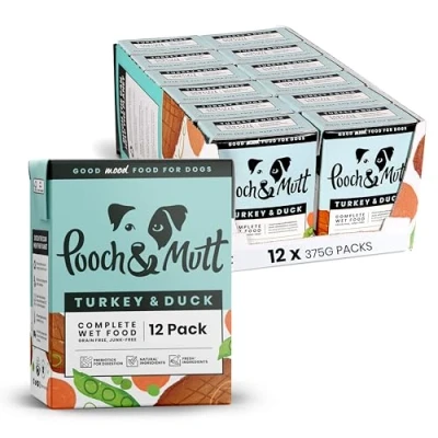 Image of Pooch &amp; Mutt Turkey Duck Pack of Complete Wet Dog Food, Dry Food Topper, 12x375g