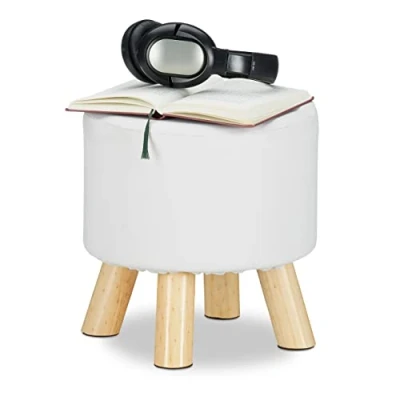 Image of Relaxdays Faux Leather Stool, Padded, 4 Wooden Legs, Flat Footstool, Round Vanity Stand, H x D: 30 31 cm, White