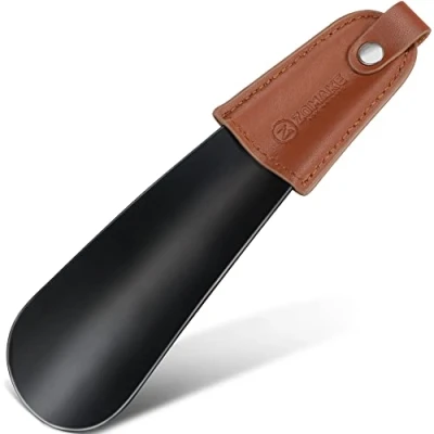 Image of ZOMAKE Metal Shoe Horn,Small Shoehorn Black 17cm Lazy Helper Short Horns With Leather handle For Men Women The Elderly Kids (Black)