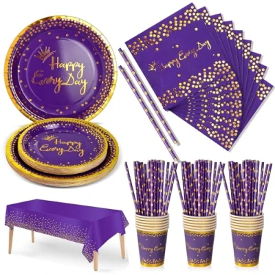 Image of Nkaiso 126 Piece Party Tableware, Purple Gold Kids Birthday Decoration Accessories Set, Paper Cups Plates Napkins for Wedding Shower Engagement 25 Guests