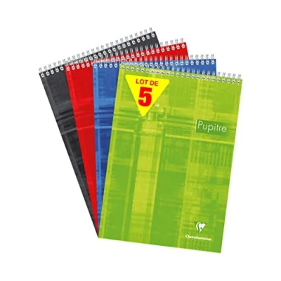 Image of Clairefontaine Ref 8151C Head Wirebound Pad (80 Sheets) A4 Size, Séyès Ruling, 90gsm Brushed Vellum Paper, Laminated Card Cover Assorted Colours (Pack of 5)