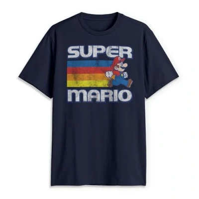 Image of Nintendo Men&#039;s Super Mario Running Retro Stripe T Shirt, Navy Blue, Medium