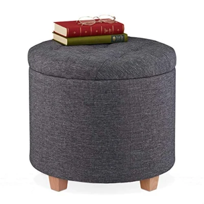 Image of Relaxdays Stool with Storage Space, Padded Seating, Ottoman, Footrest for Living Room, Linen Look, HxØ: 41x44 cm, Grey, Fibreboard