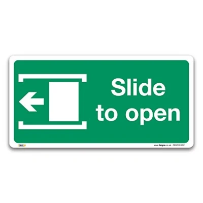 Image of Slide to open left Fire exit Sign, Self adhesive Vinyl Sticker 200x100mm, British Standard Safety Door Signs
