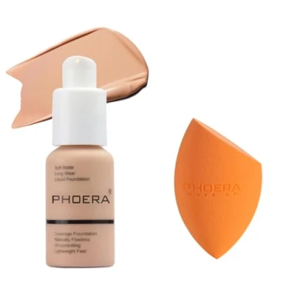 Image of ABRUS® Foundation, Full Coverage Soft Matte, Foundation Makeup Flawless Cream Smooth Long Lasting 24HR Waterproof and Blendable 30ml (103 Warm Peach &amp; Sponge)