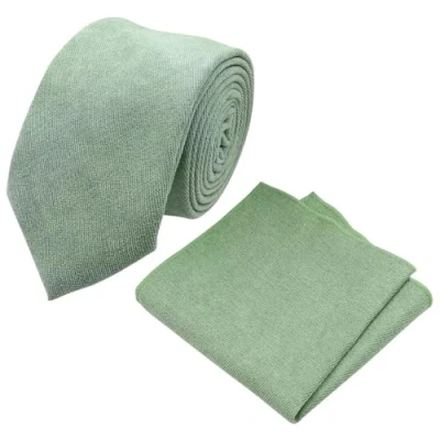 Image of DB Dickie Bow Luxury Cotton Blend Skinny Neck Tie &amp; Pocket Square Set (Sage Green) suitable for formalwear, office, weddings, parties, grooms groomsmen outfits