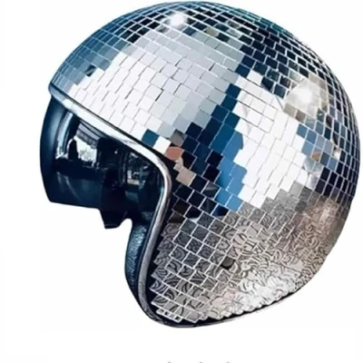 Image of Bivwopei Disco Ball Helmet,Disco Hat,Mirror Glitter Helmets,With Retractable Visor,for DJ Party (Silver)