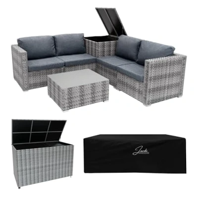 Image of Rattan Garden Furniture Modular 6 Piece Set &amp; 2 Storage Boxes 700L 250L Grey 4 Seater Sofa Sectional Chairs With Cushions Table Waterproof Lining Chest Gas Lift Lid Wheels Outdoor Rain Cover