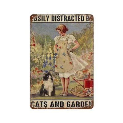 Image of Gardener Easily Distracted By Cats And Garden Metal Sign Retro Vintage Tin Poster Wall Art Decor 8x12 Inches