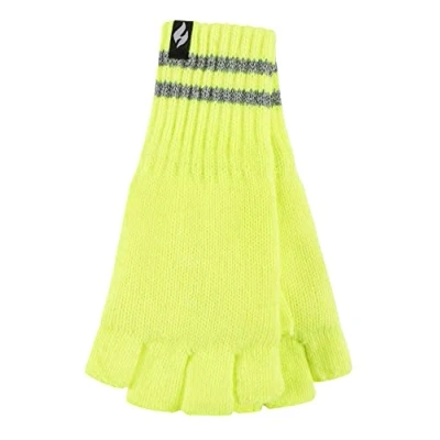 Image of HEAT HOLDERS Mens Knitted Fingerless Reflective Gloves for Winter Thermal Hi Viz Work (One Size, Yellow)