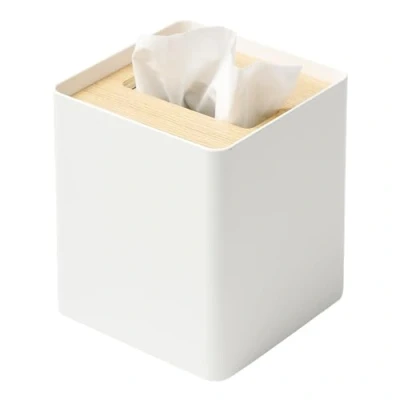 Image of Yamazaki Home Rin Reusable Tissue Box Cover Metal Holder Container Case with Natural Wooden Lid Steel