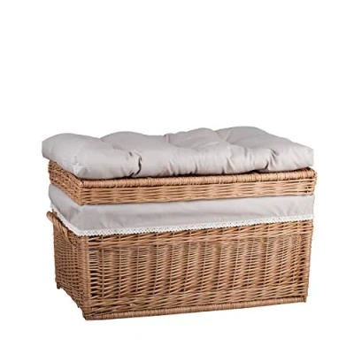 Image of e wicker24 Natural Wicker Storage Box with Soft Cushion Seat Hand made Woven Basket Two Handles Vintage Toy Multi functional Chest Lid (Solid, 70x43 H44)