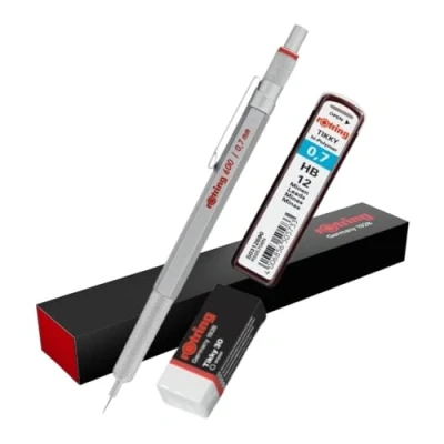 Image of rOtring 600 0.7 mechanical pencil Silver with HB refill pack and Eraser Tikky 30