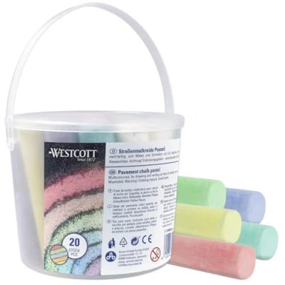 Image of Westcott pavement chalk pastel 20 pieces colourful sidewalk for children in a practical transport bucket easy to wash off suitable asphalt, blackboard or stone E 744985 00