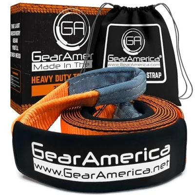 Image of GearAmerica Heavy Duty Tow Strap 3&quot; x 20&#039; Recovery with 35,000 lbs Break Strength Emergency Off Road Towing Rope &amp; Winch Extension Triple Reinforced Loops, Protective Sleeves Storage Bag