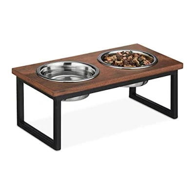 Image of Relaxdays Bowl Stand, Stainless Steel Bowls, Capacity 1000 ml, Mango Wood Dog Feeding Station, HBT 16.5 x 42 21 cm, Natural