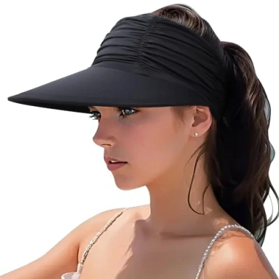 Image of DRESHOW Women Visor Sun Hat Wide Brim Adjustable Foldable Ponytail Beach Summer UV Protection Outdoor Cap UPF 50+