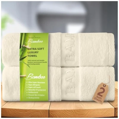 Image of GC GAVENO CAVAILIA Bamboo Bath Sheet Extra Large (80x140cm) 500 GSM Super Water Absorbent Towels 2 Pack (60% Bamboo, 40% Cotton) Soft Towel Sheets Cream