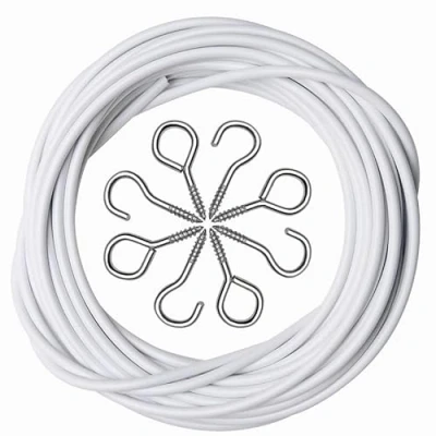 Image of curtain wire Set White coated hanging cord kit with 6 pairs of hooks and eyes for net rods (2 Meters)