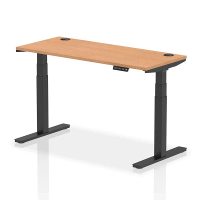 Image of Air 1400 x 600mm Height Adjustable Desk Oak Top Cable Ports Black Leg